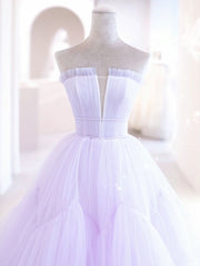 Bridesmaids Dress Short, Purple A line Tulle Long Prom Dresses, Purple Evening Graduation Dresses