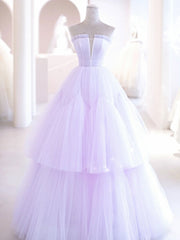 Bridesmaids Dresses Short, Purple A line Tulle Long Prom Dresses, Purple Evening Graduation Dresses