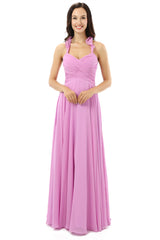 Evening Dresses For Over 60S, Purple Chiffon Halter Backless With Pleats Bridesmaid Dresses