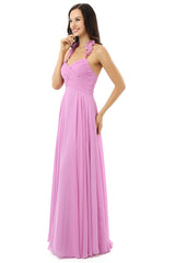 Evening Dresses For Over 60, Purple Chiffon Halter Backless With Pleats Bridesmaid Dresses