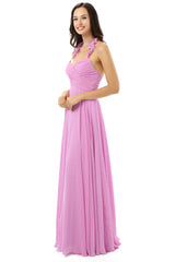 Evening Dress Knee Length, Purple Chiffon Halter Backless With Pleats Bridesmaid Dresses