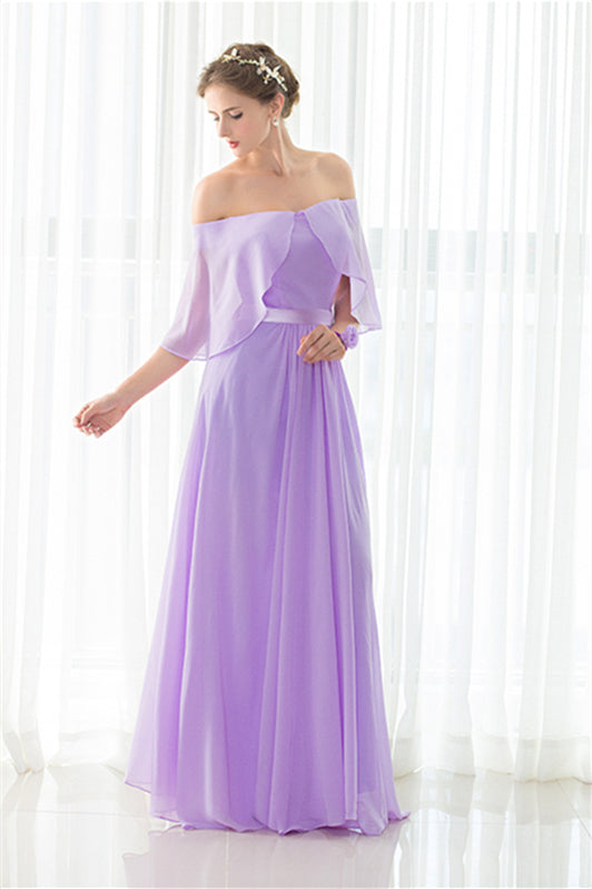 Prom Dress Color, Purple Chiffon Off The Shoulder Long Bridesmaid Dresses