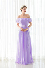 Prom Dresses Pieces, Purple Chiffon Off The Shoulder Long Bridesmaid Dresses