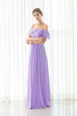 Prom Dress Shorts, Purple Chiffon Off The Shoulder Long Bridesmaid Dresses