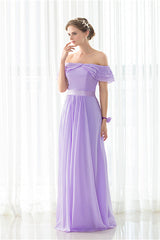 Prom Dressed Short, Purple Chiffon Off The Shoulder Long Bridesmaid Dresses