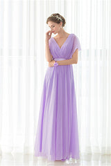 Prom Dress2044, Purple Chiffon V-neck Backless Pleats Long Bridesmaid Dresses