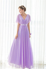Prom Dressed 2044, Purple Chiffon V-neck Backless Pleats Long Bridesmaid Dresses