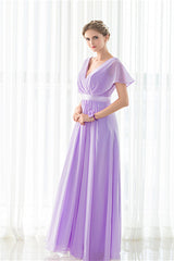 Prom Dresses2044, Purple Chiffon V-neck Backless Pleats Long Bridesmaid Dresses