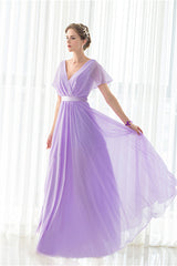 Prom Dresse 2044, Purple Chiffon V-neck Backless Pleats Long Bridesmaid Dresses