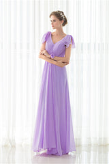 Prom Dress Places Near Me, Purple Chiffon V-neck Backless Pleats Long Bridesmaid Dresses
