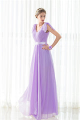 Prom Dresses For 2042, Purple Chiffon V-neck Backless Pleats Long Bridesmaid Dresses