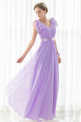 Prom Dresses Purple, Purple Chiffon V-neck Backless Pleats Long Bridesmaid Dresses