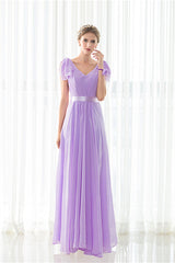 Prom Dressed Ball Gown, Purple Chiffon V-neck Backless Pleats Long Bridesmaid Dresses