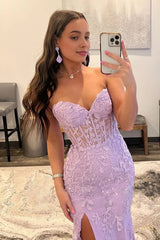 Purple Corset Sweetheart Long Lace Prom Dress with Slit