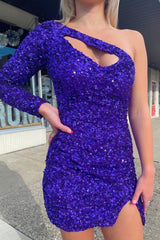 Purple Cut Out Open Back One Shoulder Sequins Homecoming Dress