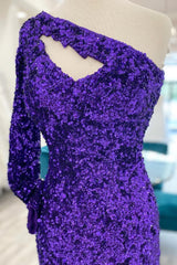 Purple Cut Out Open Back One Shoulder Sequins Homecoming Dress