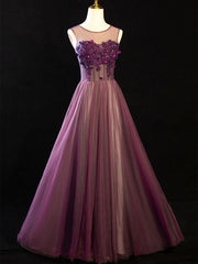 Bridesmaids Dresses Pink, Purple Floral Long Lace Prom Dresses, Purple Floral Long Lace Formal Evening Dresses