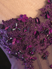 Bridesmaid Dress Long Sleeves, Purple Floral Long Lace Prom Dresses, Purple Floral Long Lace Formal Evening Dresses