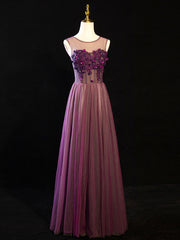 Bridesmaids Dress Pink, Purple Floral Long Lace Prom Dresses, Purple Floral Long Lace Formal Evening Dresses