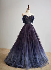 Graduation Outfit Ideas, Purple Gradient Off Shoulder Beaded Sweetheart Prom Dress, Purple Long Tulle Formal Dress