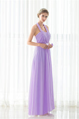 Prom Dress A Line, Purple Halter Chiffon Backless Pleats Long Bridesmaid Dresses
