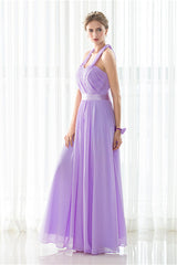 Prom Dressed A Line, Purple Halter Chiffon Backless Pleats Long Bridesmaid Dresses