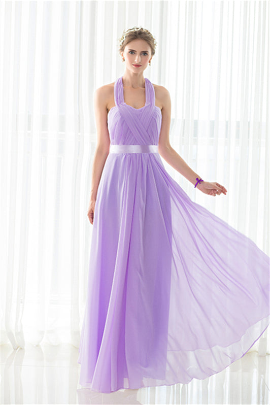 Prom Dresses Green, Purple Halter Chiffon Backless Pleats Long Bridesmaid Dresses