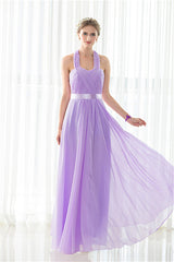 Prom Dresses Green, Purple Halter Chiffon Backless Pleats Long Bridesmaid Dresses