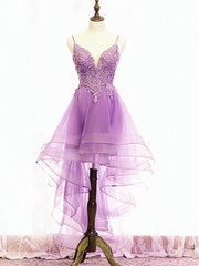 Formal Dresses For Black Tie Wedding, Purple High Low Lace Prom Dresses, Light Purple High Low Lace Formal Homecoming Dresses