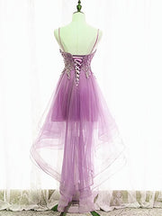 Formal Dress Modest, Purple High Low Lace Prom Dresses, Light Purple High Low Lace Formal Homecoming Dresses