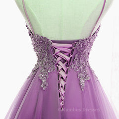 Formal Dress With Embroidered Flowers, Purple High Low Lace Prom Dresses, Light Purple High Low Lace Formal Homecoming Dresses