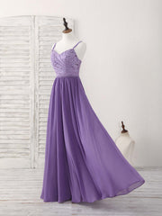 Bridesmaids Dress Fall, Purple Lace Chiffon Long Prom Dress Purple Bridesmaid Dress