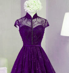 Cute Dress, Purple Lace Knee Length Homecoming Dress, Purple Lace Short Prom Dress