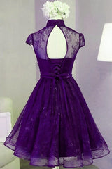 Gown, Purple Lace Knee Length Homecoming Dress, Purple Lace Short Prom Dress