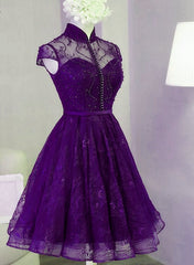 Reception Dress, Purple Lace Knee Length Homecoming Dress, Purple Lace Short Prom Dress