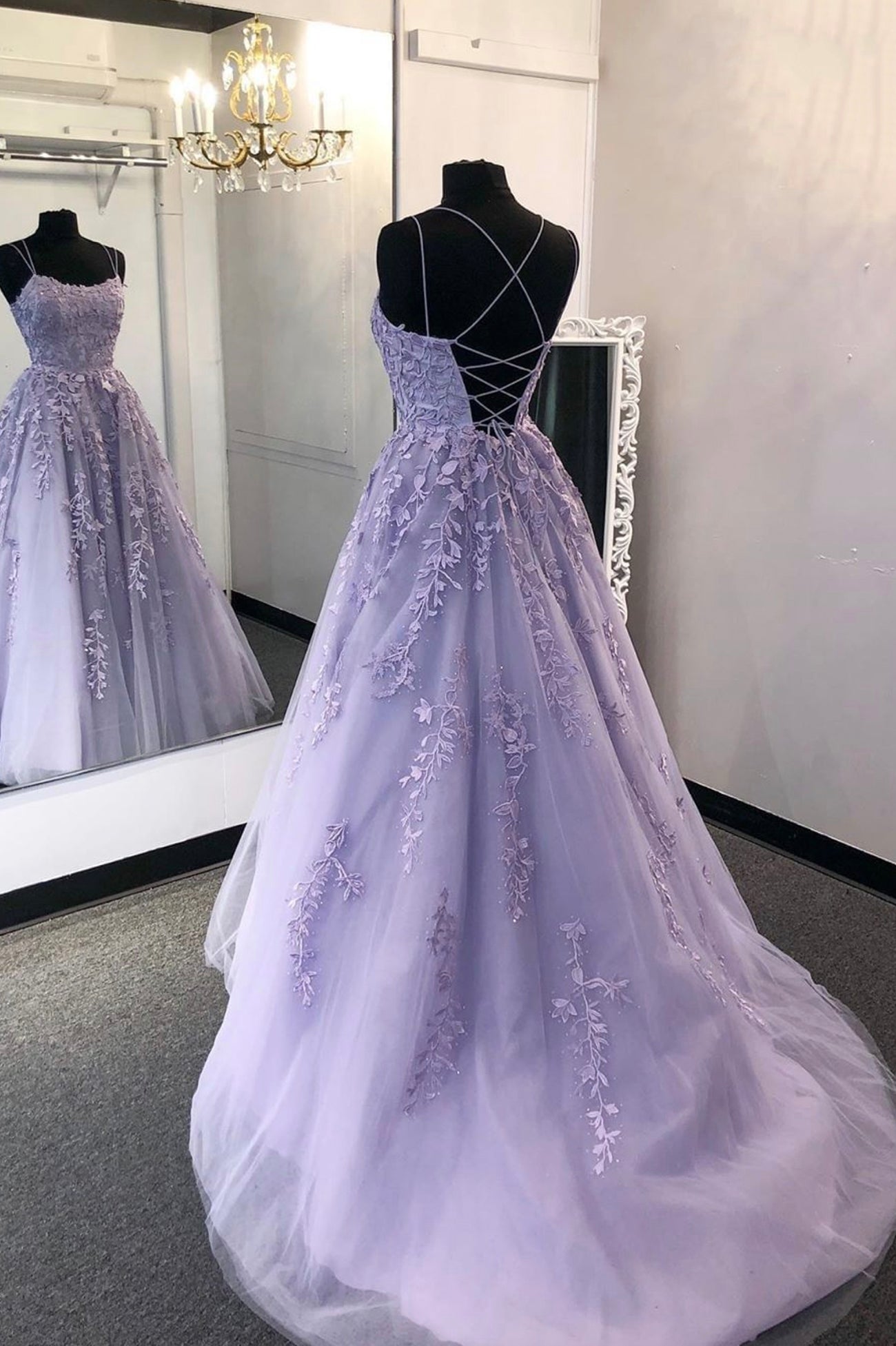 Prom Dresses Long Ball Gown, Purple Lace Long A-Line Prom Dress, Spaghetti Strap Backless Evening Dress