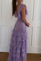 Party Dresses Summer, Purple Lace Long Prom Dress Backless Evening Dress Stunning Maxi Dress
