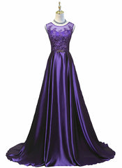 Weddings Dresses Style, Purple Long Round Neckline Prom Dress, Satin Wedding Party Dress
