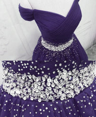 Prom Dress Long Open Back, Purple Off Shoulder Knee Length Beaded Tulle Homecoming Dress, Sweetheart Short Prom Dress