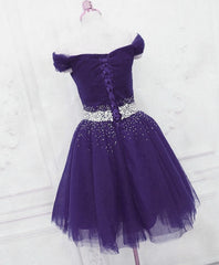 Prom Dresses Photos Gallery, Purple Off Shoulder Knee Length Beaded Tulle Homecoming Dress, Sweetheart Short Prom Dress