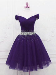 Prom Dress Silk, Purple Off Shoulder Knee Length Beaded Tulle Homecoming Dress, Sweetheart Short Prom Dress