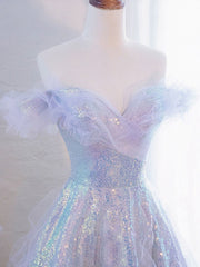 Formal Dress Winter, Purple Off Shoulder Tulle Sequin Long Prom Dress, Purple Formal Dress