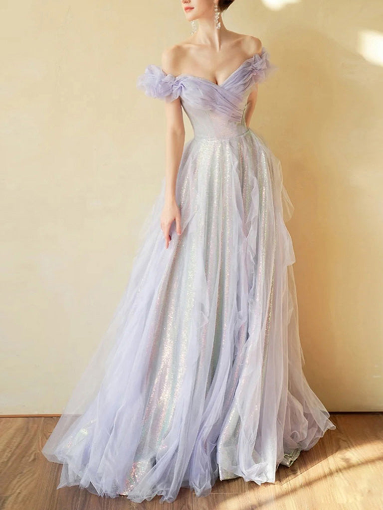 Formal Dress For Winter, Purple Off Shoulder Tulle Sequin Long Prom Dress, Purple Formal Dress