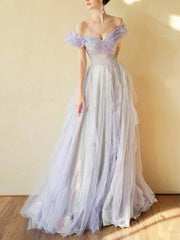 Formal Dress For Winter, Purple Off Shoulder Tulle Sequin Long Prom Dress, Purple Formal Dress