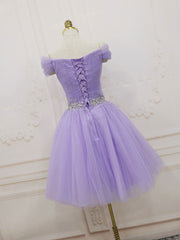 On Piece Dress, Purple Off Shoulder Tulle Sequin Prom Dress Purple Puffy Homecoming Dress