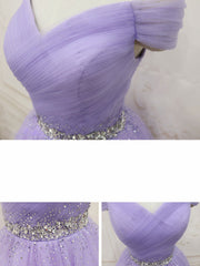 Formal Dresses For Teens, Purple Off Shoulder Tulle Sequin Prom Dress Purple Puffy Homecoming Dress