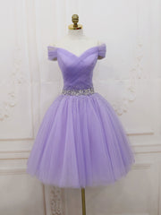 Royal Dress, Purple Off Shoulder Tulle Sequin Prom Dress Purple Puffy Homecoming Dress