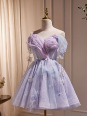 Formal Dress For Wedding Guests, Purple Off Shoulder  Tulle Short Prom Dress, Purple Homecoming Dress