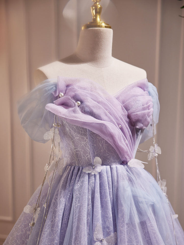 Formal Dress For Wedding Guest, Purple Off Shoulder  Tulle Short Prom Dress, Purple Homecoming Dress