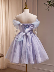 Formal Dress For Weddings Guest, Purple Off Shoulder  Tulle Short Prom Dress, Purple Homecoming Dress